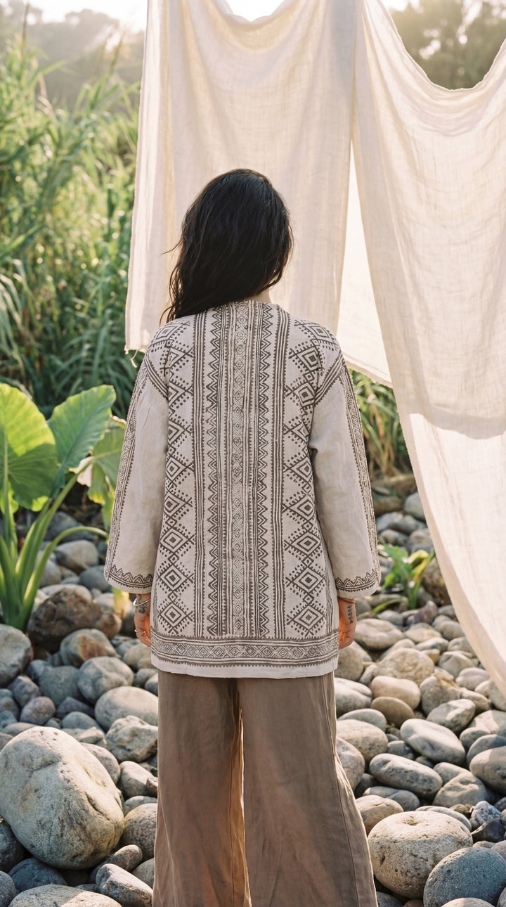 The "Kishor" Artisan Kimono – Natural Earth Geometric Print