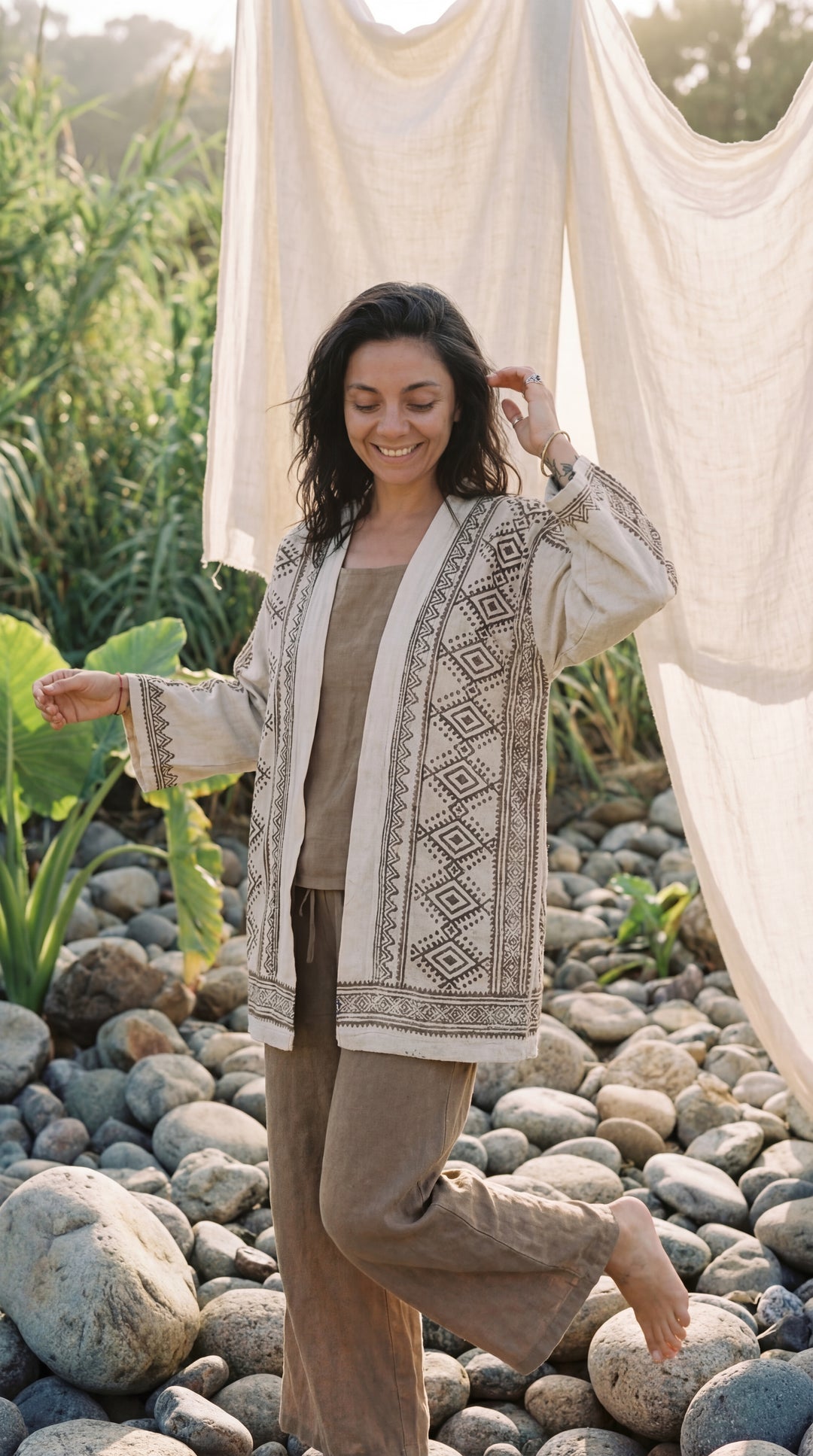 The "Kishor" Artisan Kimono – Natural Earth Geometric Print