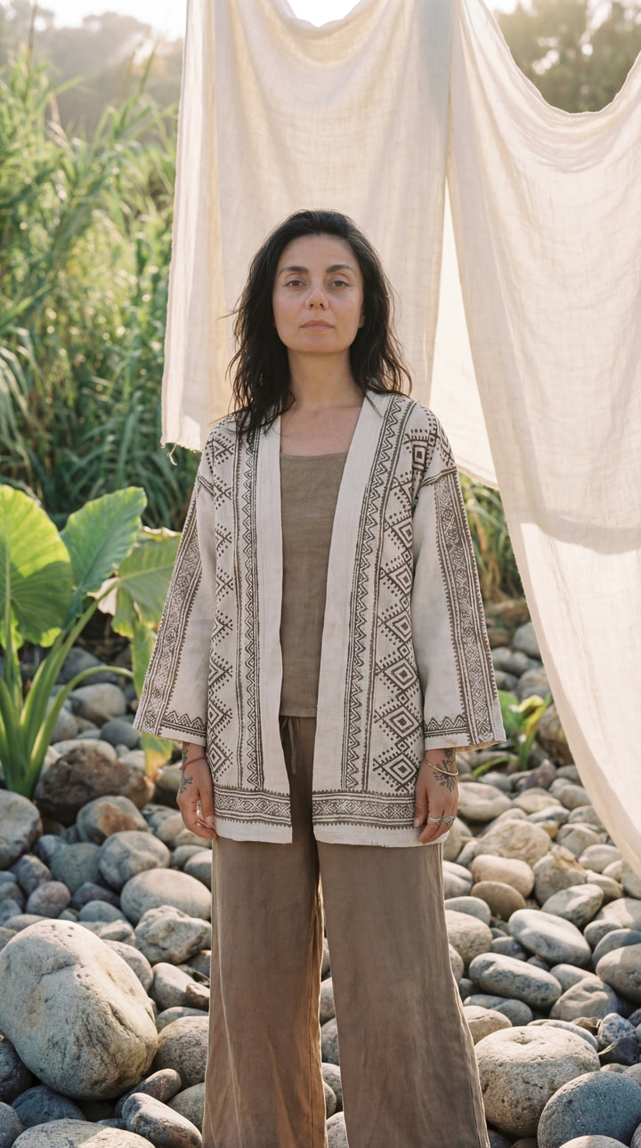 The "Kishor" Artisan Kimono – Natural Earth Geometric Print