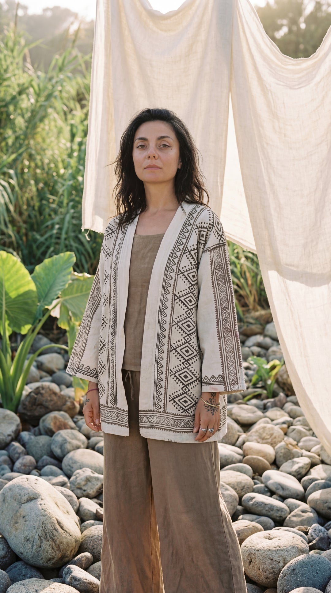 The "Kishor" Artisan Kimono – Natural Earth Geometric Print