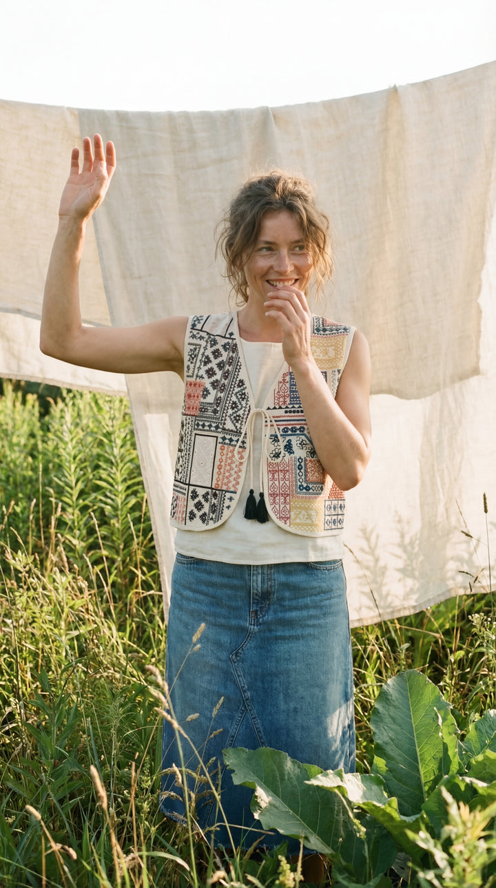 The "Miraya" Banjara Vest – Artisan Embroidered Organic Cotton