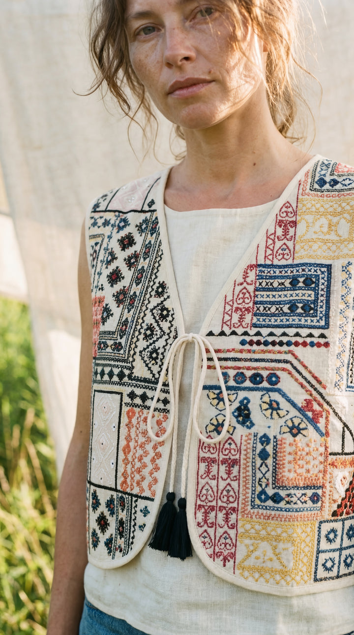 The "Miraya" Banjara Vest – Artisan Embroidered Organic Cotton
