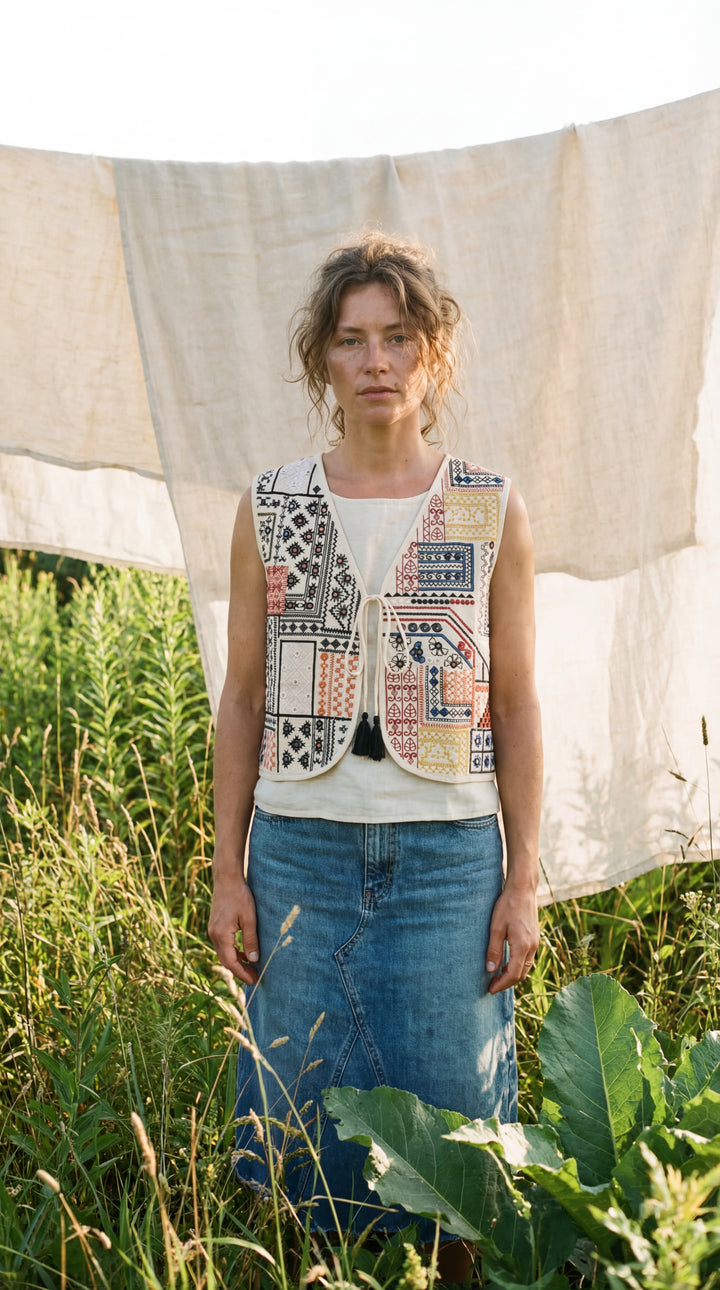 The "Miraya" Banjara Vest – Artisan Embroidered Organic Cotton