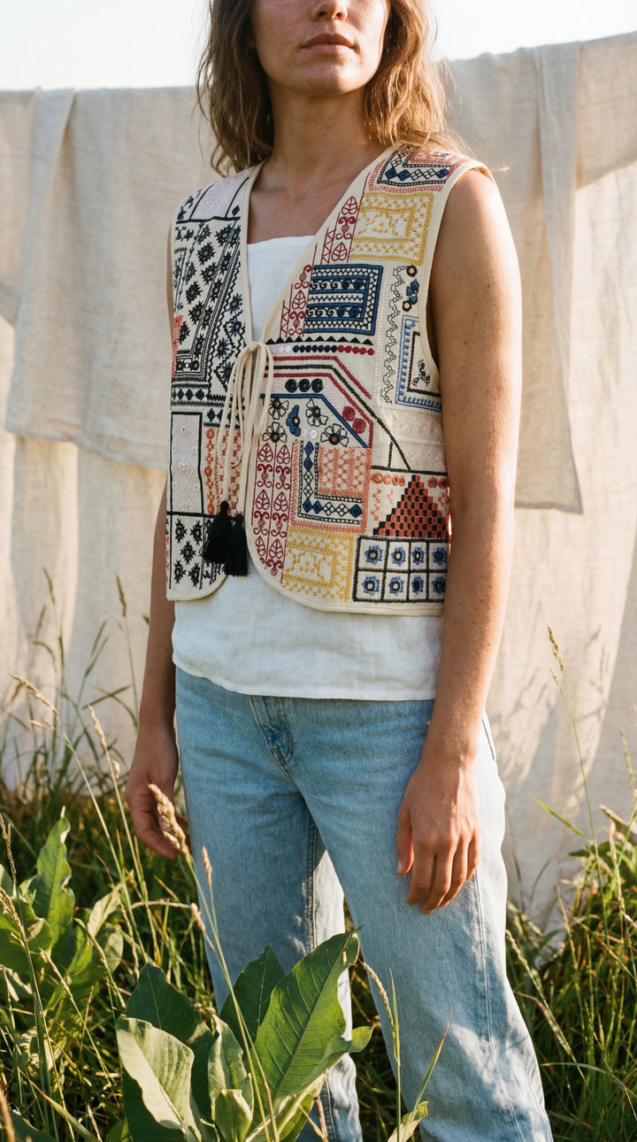 The "Miraya" Banjara Vest – Artisan Embroidered Organic Cotton