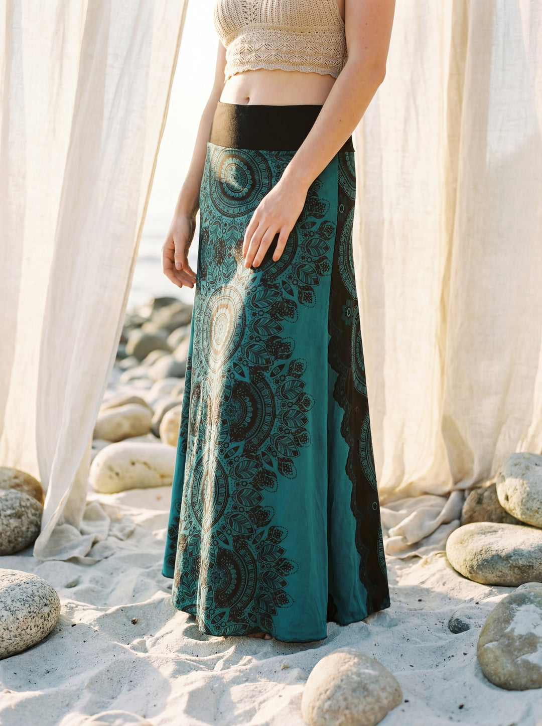 Sacred Geometry Maxi Skirt – Hand-Stamped Tribal Cotton Bohemian Festival Wear