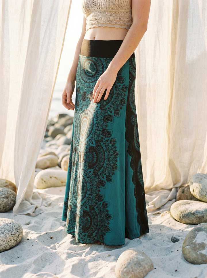 Sacred Geometry Maxi Skirt – Hand-Stamped Tribal Cotton Bohemian Festival Wear