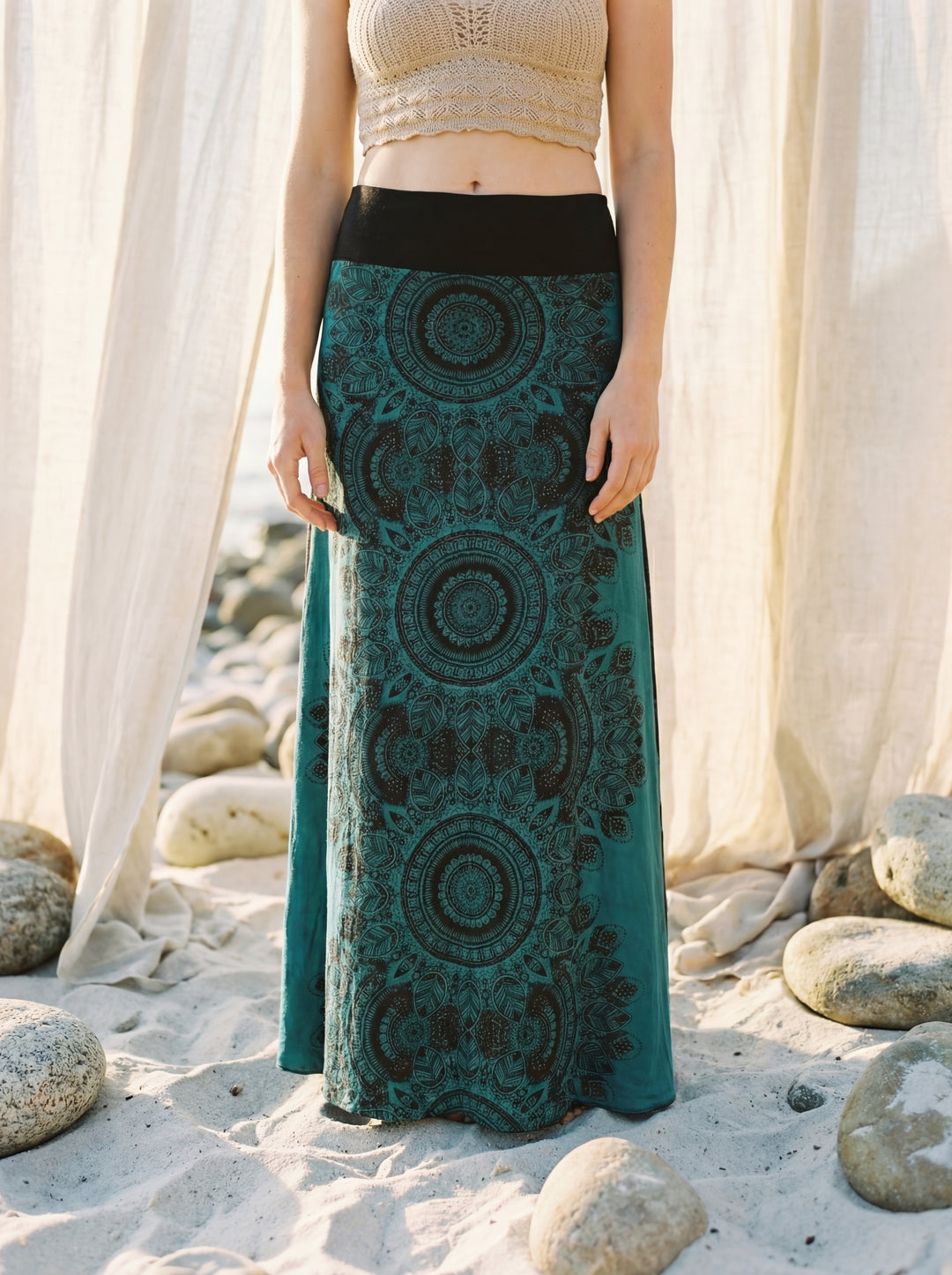 Sacred Geometry Maxi Skirt – Hand-Stamped Tribal Cotton Bohemian Festival Wear