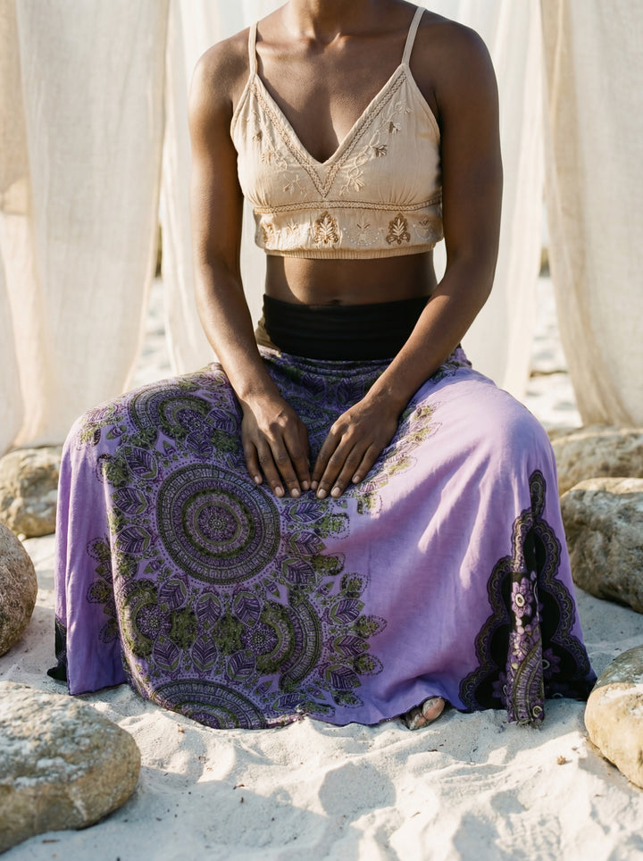 Sacred Geometry Maxi Skirt – Hand-Stamped Tribal Cotton Bohemian Festival Wear
