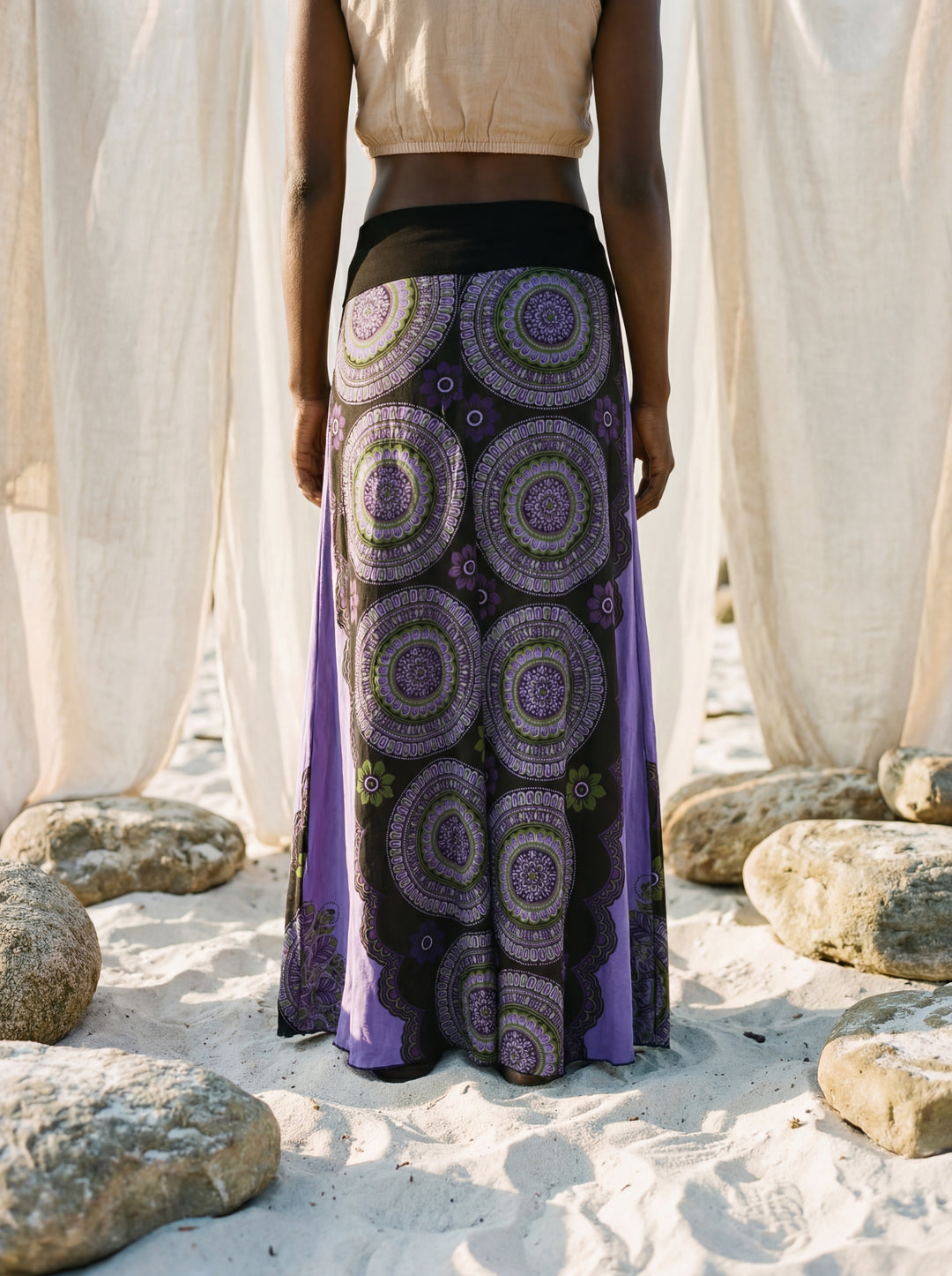 Sacred Geometry Maxi Skirt – Hand-Stamped Tribal Cotton Bohemian Festival Wear