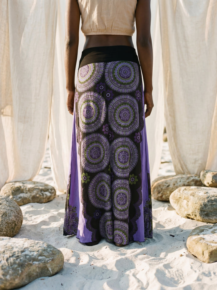 Sacred Geometry Maxi Skirt – Hand-Stamped Tribal Cotton Bohemian Festival Wear