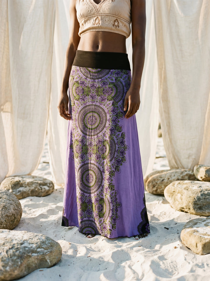 Sacred Geometry Maxi Skirt – Hand-Stamped Tribal Cotton Bohemian Festival Wear