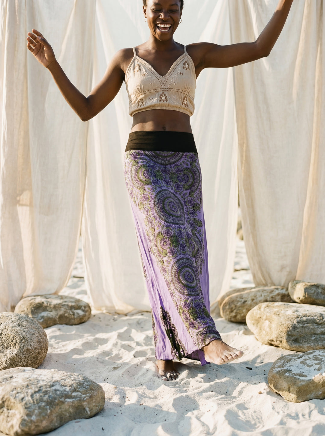 Sacred Geometry Maxi Skirt – Hand-Stamped Tribal Cotton Bohemian Festival Wear