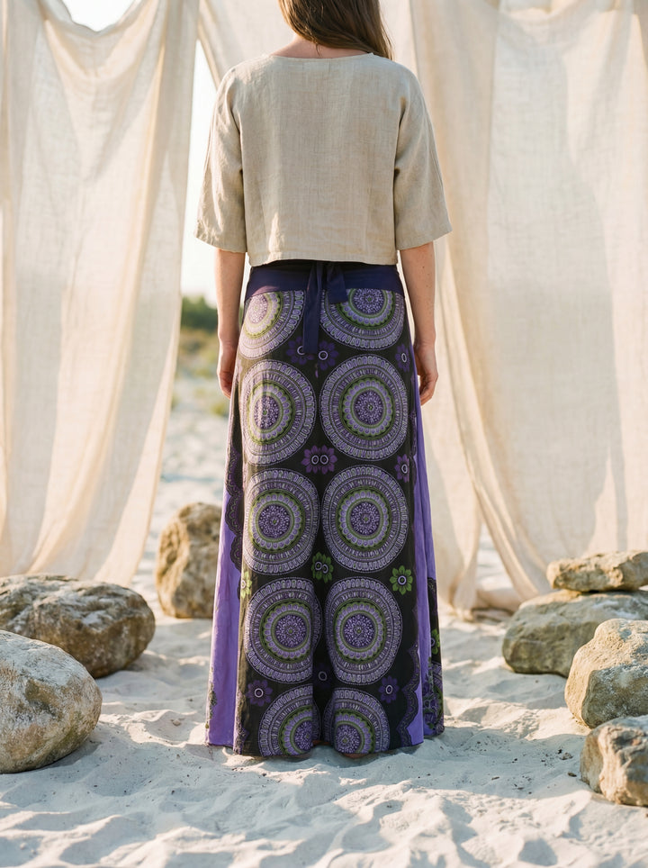 Sacred Geometry Maxi Skirt – Hand-Stamped Tribal Cotton Bohemian Festival Wear