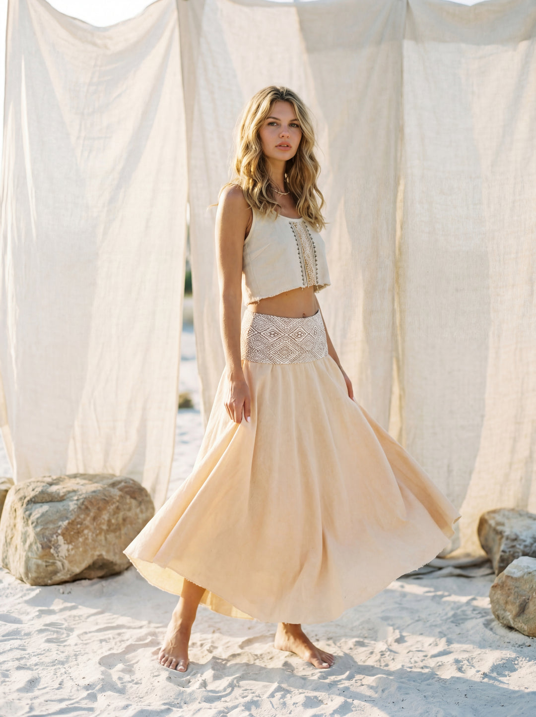 Gunjan Cream Cotton Maxi Skirt – Hand-Printed Geometric Waistband, Boho Flowy Goddess Wear