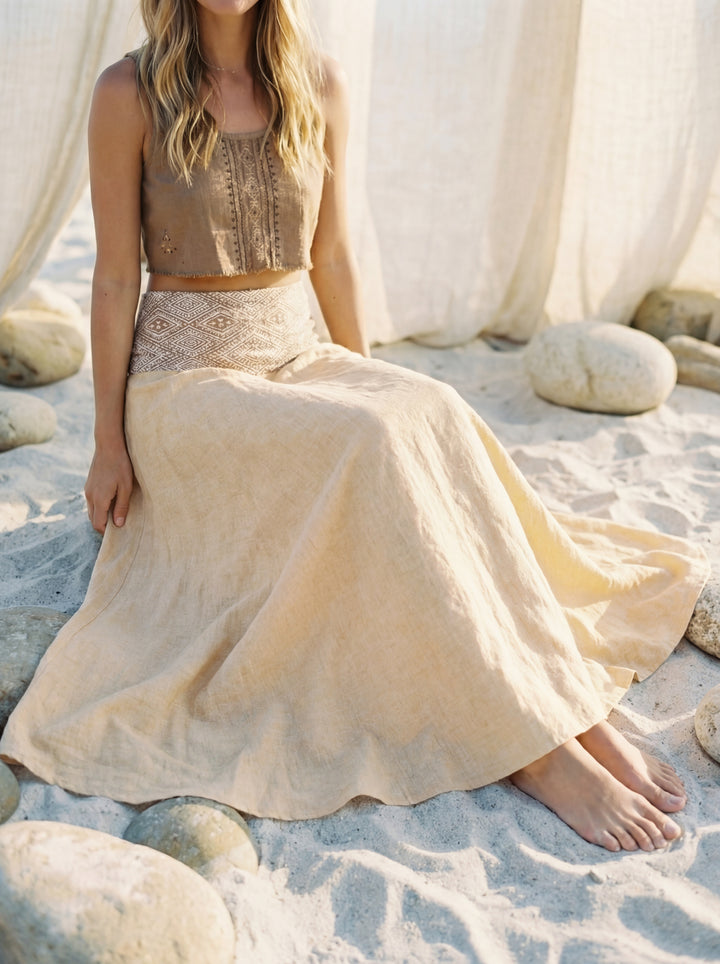 Gunjan Cream Cotton Maxi Skirt – Hand-Printed Geometric Waistband, Boho Flowy Goddess Wear