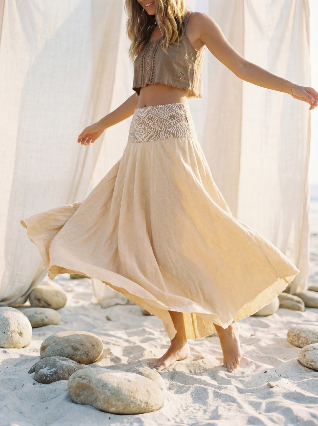 Gunjan Cream Cotton Maxi Skirt – Hand-Printed Geometric Waistband, Boho Flowy Goddess Wear