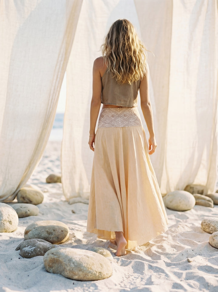 Gunjan Cream Cotton Maxi Skirt – Hand-Printed Geometric Waistband, Boho Flowy Goddess Wear
