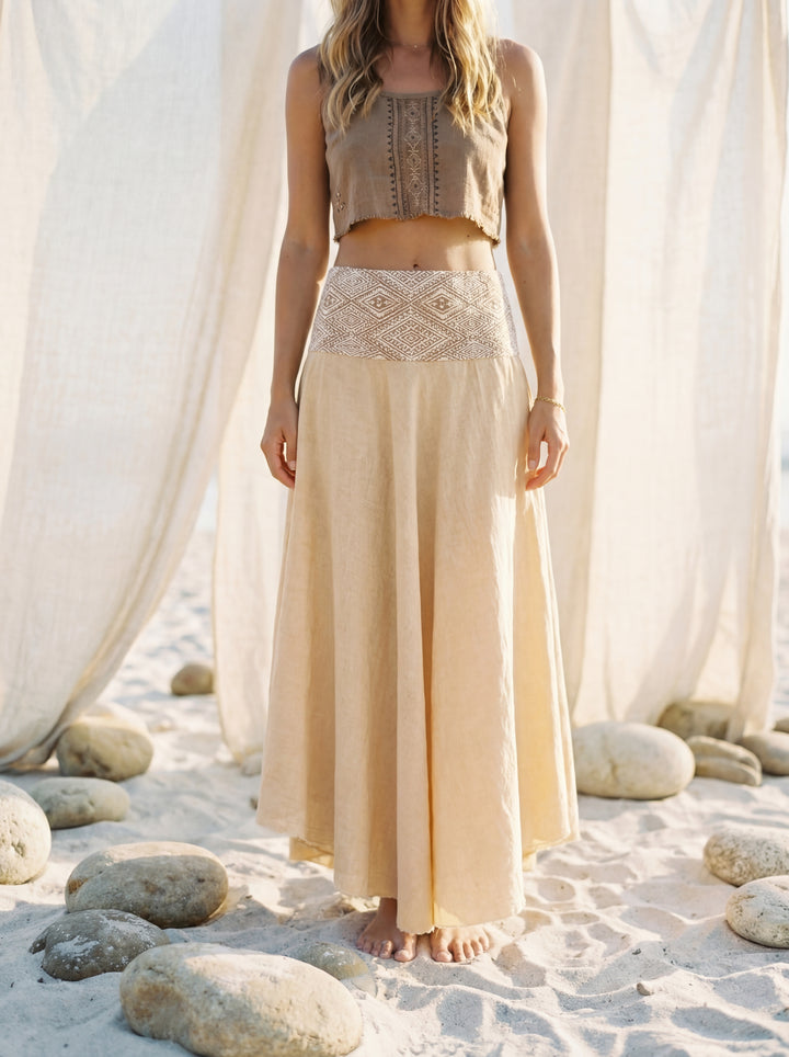 Gunjan Cream Cotton Maxi Skirt – Hand-Printed Geometric Waistband, Boho Flowy Goddess Wear