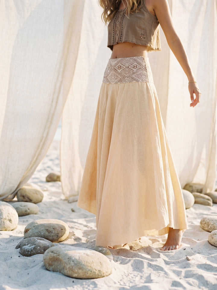 Gunjan Cream Cotton Maxi Skirt – Hand-Printed Geometric Waistband, Boho Flowy Goddess Wear