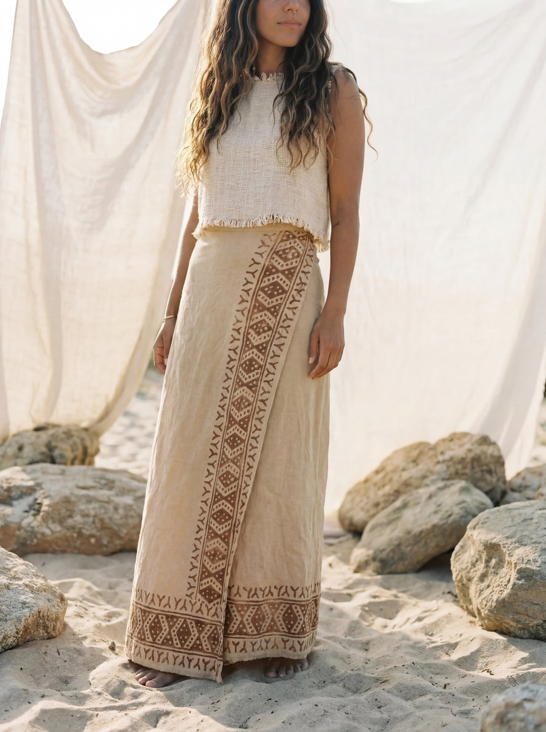 Tribal Block Print Raw Cotton Wrap Skirt – Bohemian Maxi Beach Cover Up