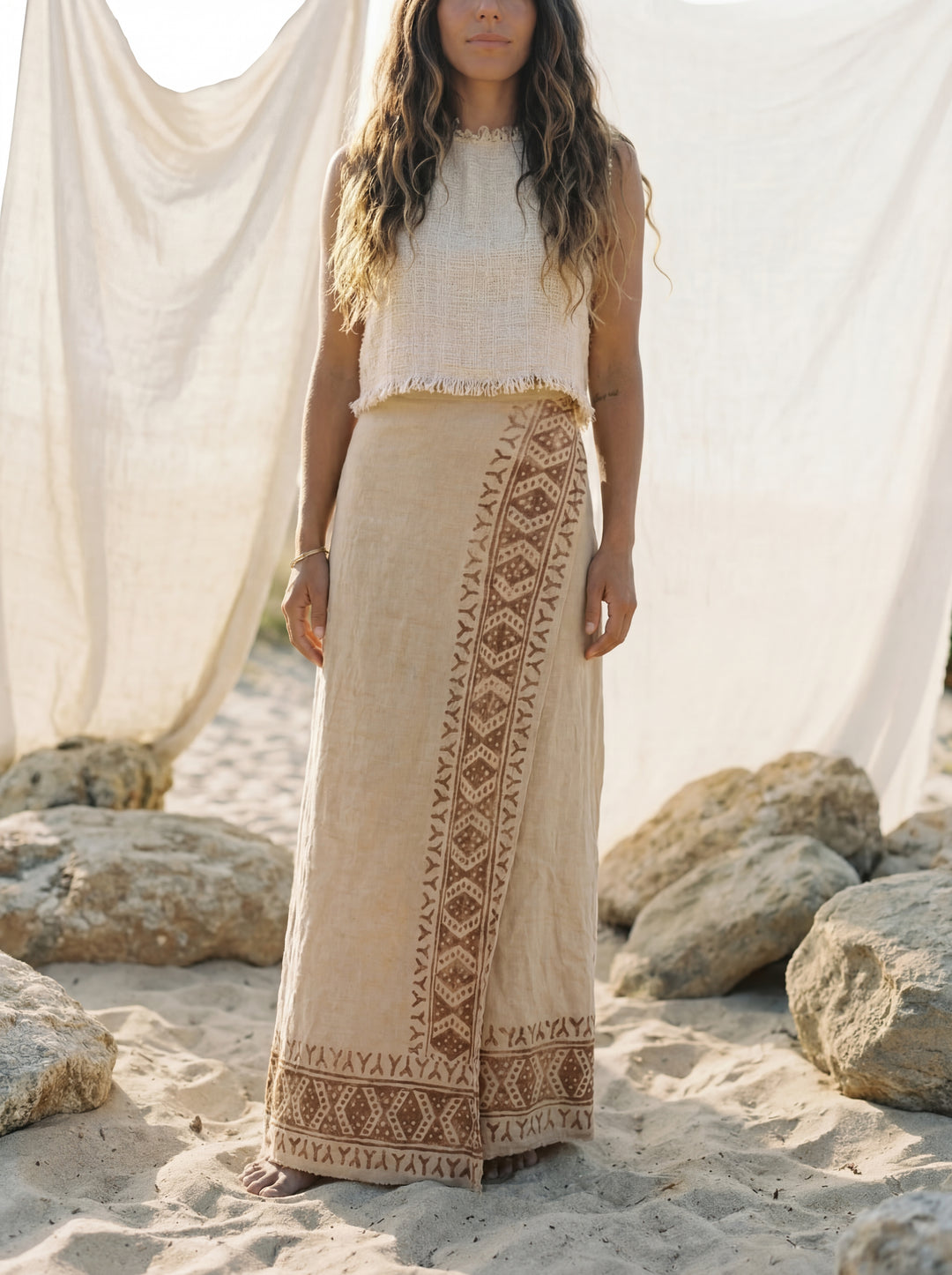 Tribal Block Print Raw Cotton Wrap Skirt – Bohemian Maxi Beach Cover Up
