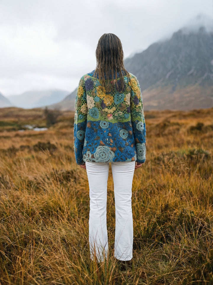 Luxury Printed Cashmere Blend Jumper – Artistic Crochet-Effect Knit – Oversized One Size (UK 8-14)