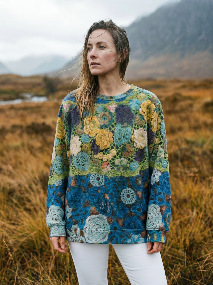 Luxury Printed Cashmere Blend Jumper – Artistic Crochet-Effect Knit – Oversized One Size (UK 8-14)
