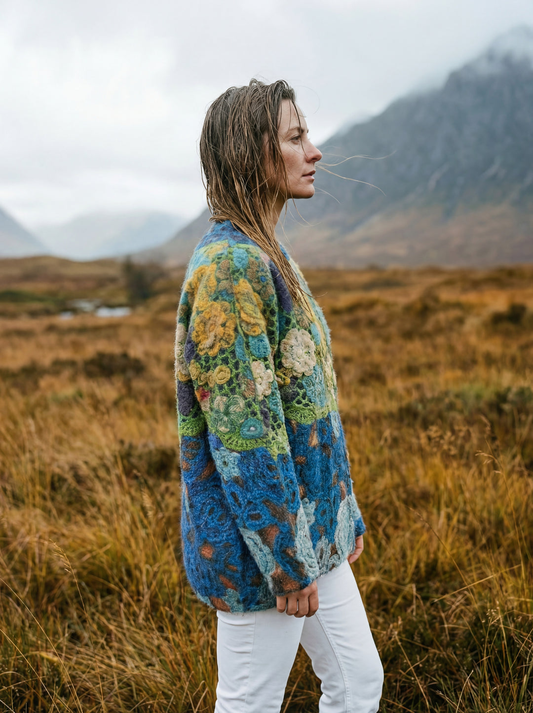 Luxury Printed Cashmere Blend Jumper – Artistic Crochet-Effect Knit – Oversized One Size (UK 8-14)