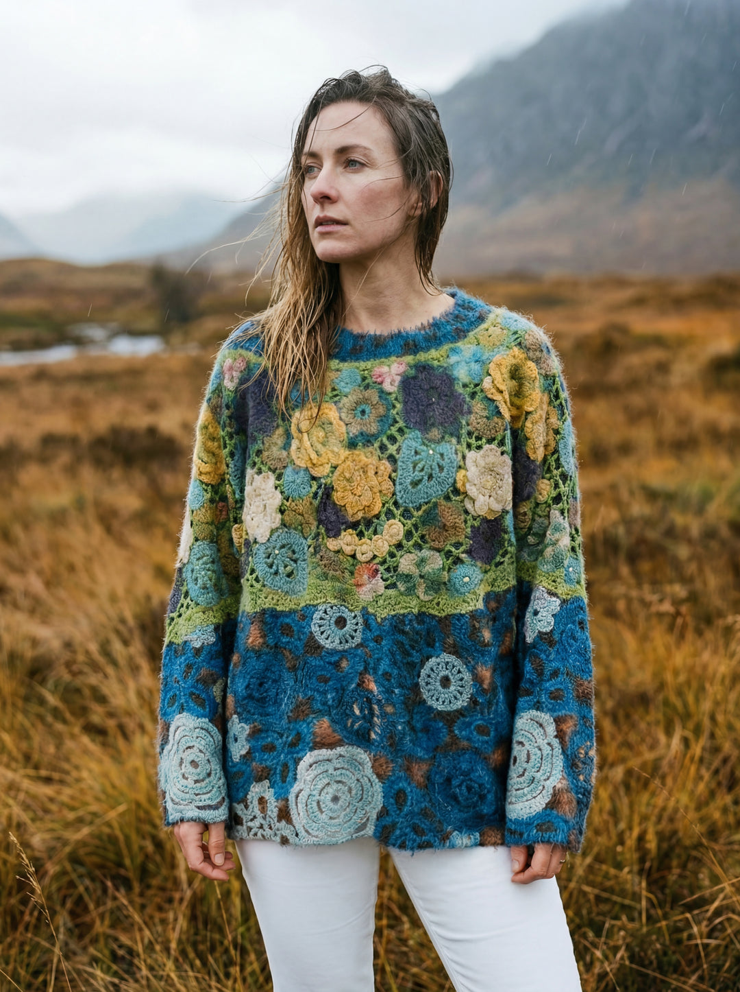 Luxury Printed Cashmere Blend Jumper – Artistic Crochet-Effect Knit – Oversized One Size (UK 8-14)