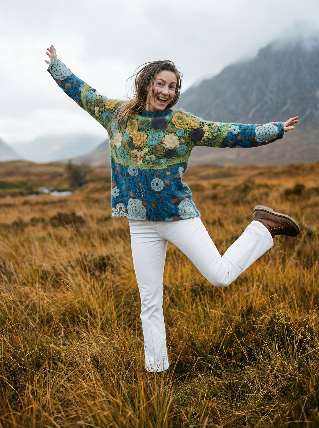 Luxury Printed Cashmere Blend Jumper – Artistic Crochet-Effect Knit – Oversized One Size (UK 8-14)