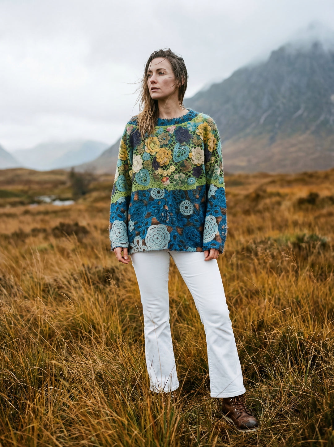 Luxury Printed Cashmere Blend Jumper – Artistic Crochet-Effect Knit – Oversized One Size (UK 8-14)