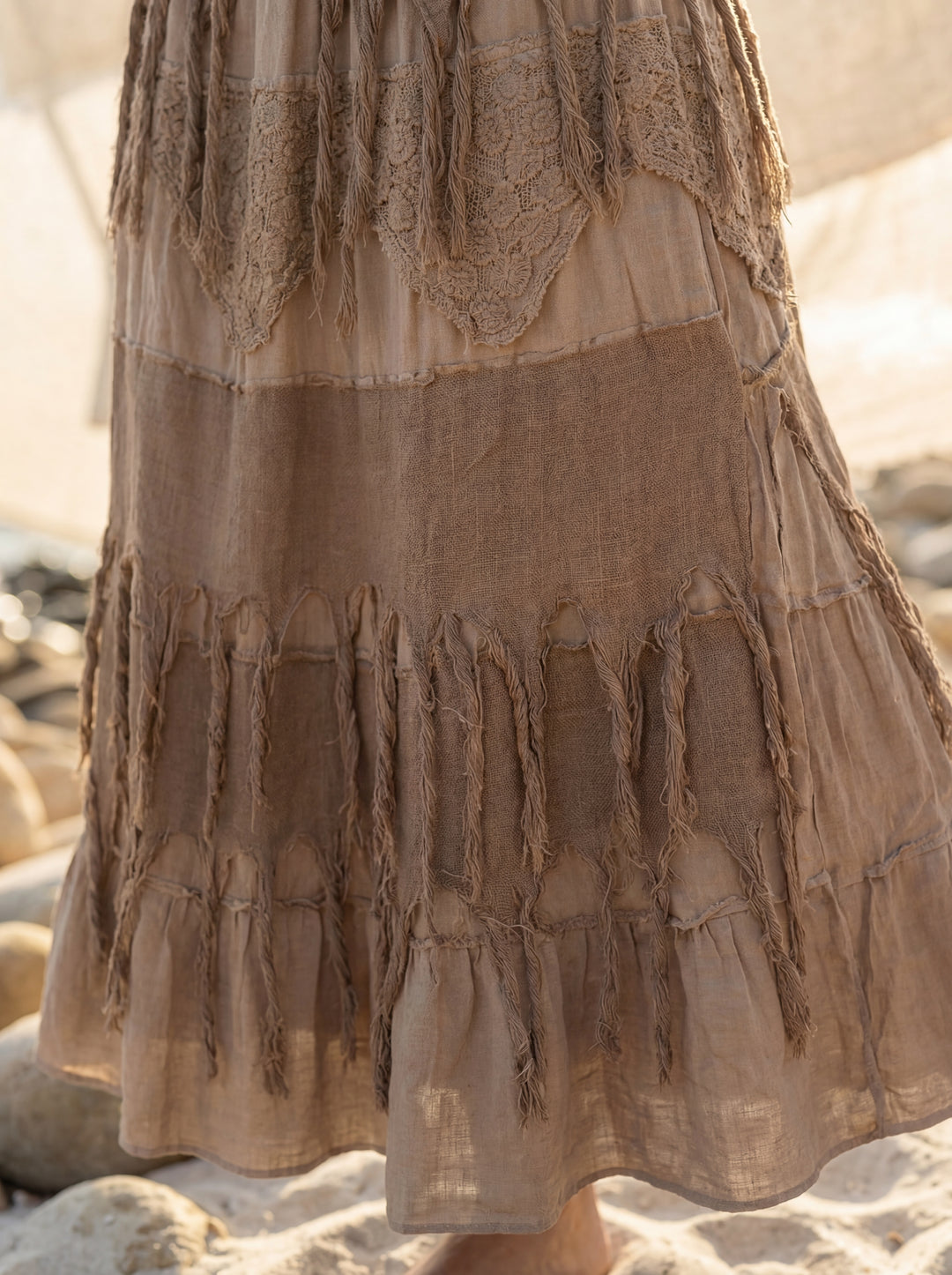 Tiered Boho Cotton Maxi Skirt – Earthy Tan, Raw Fringe, Lace, Adjustable Brass Clips