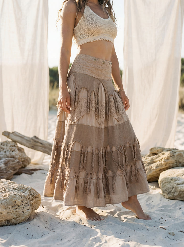 Tiered Boho Cotton Maxi Skirt – Earthy Tan, Raw Fringe, Lace, Adjustable Brass Clips