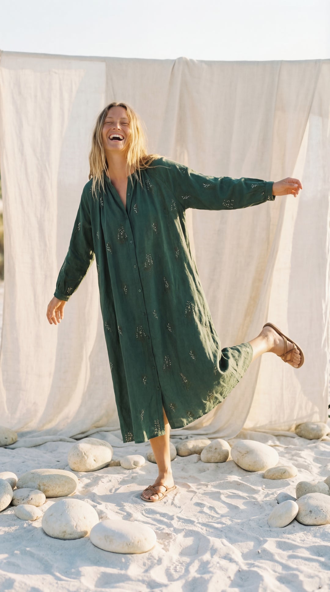 Shunita Embroidered Organic Cotton Long Maxi Dress Green