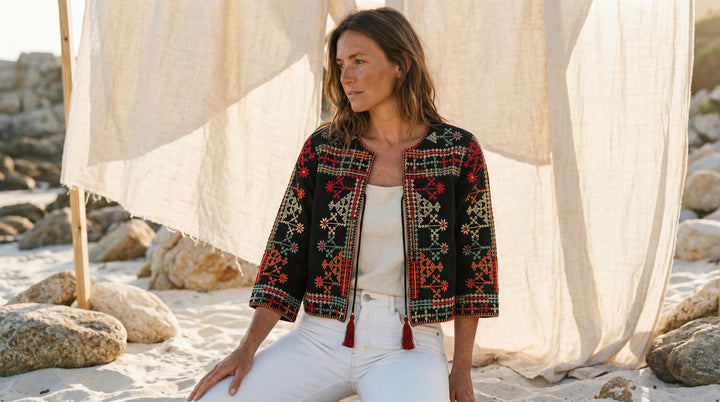 The "Sanya" Boho Embroidered Jacket – Black with Sunset Tassel Ties