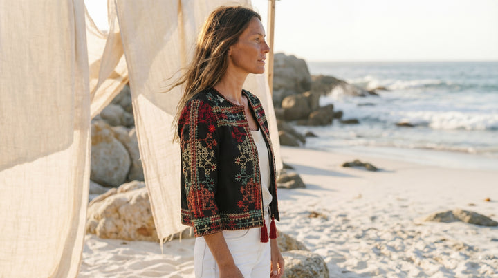 The "Sanya" Boho Embroidered Jacket – Black with Sunset Tassel Ties