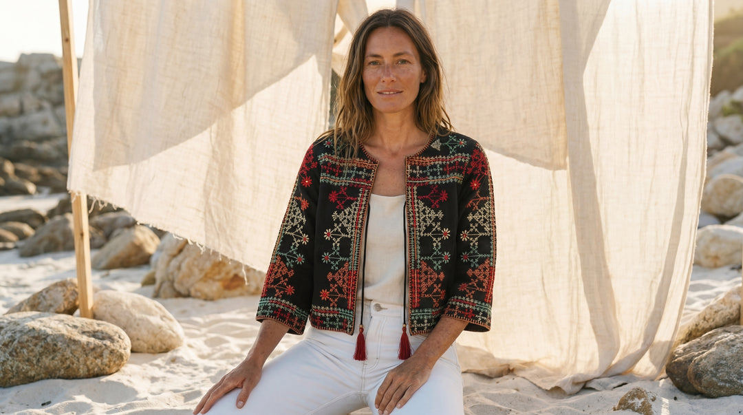 The "Sanya" Boho Embroidered Jacket – Black with Sunset Tassel Ties