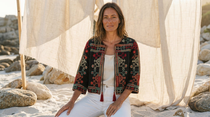 The "Sanya" Boho Embroidered Jacket – Black with Sunset Tassel Ties