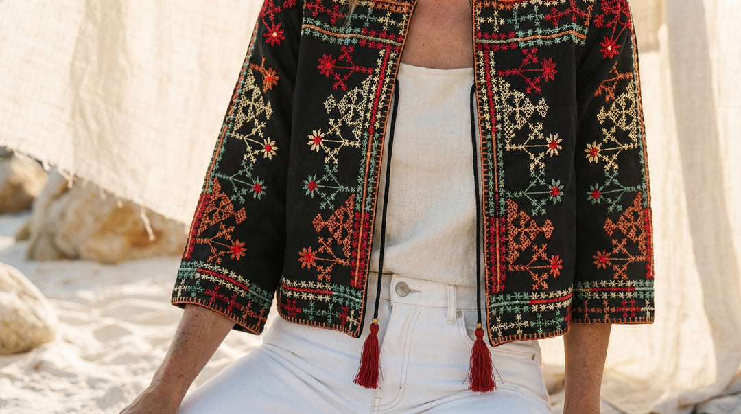 The "Sanya" Boho Embroidered Jacket – Black with Sunset Tassel Ties