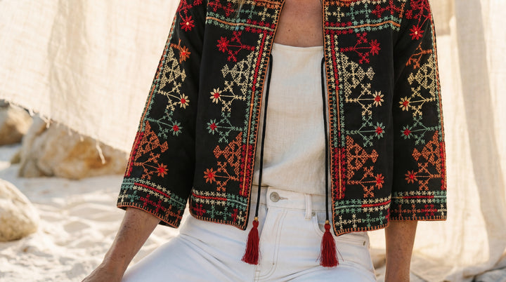 The "Sanya" Boho Embroidered Jacket – Black with Sunset Tassel Ties