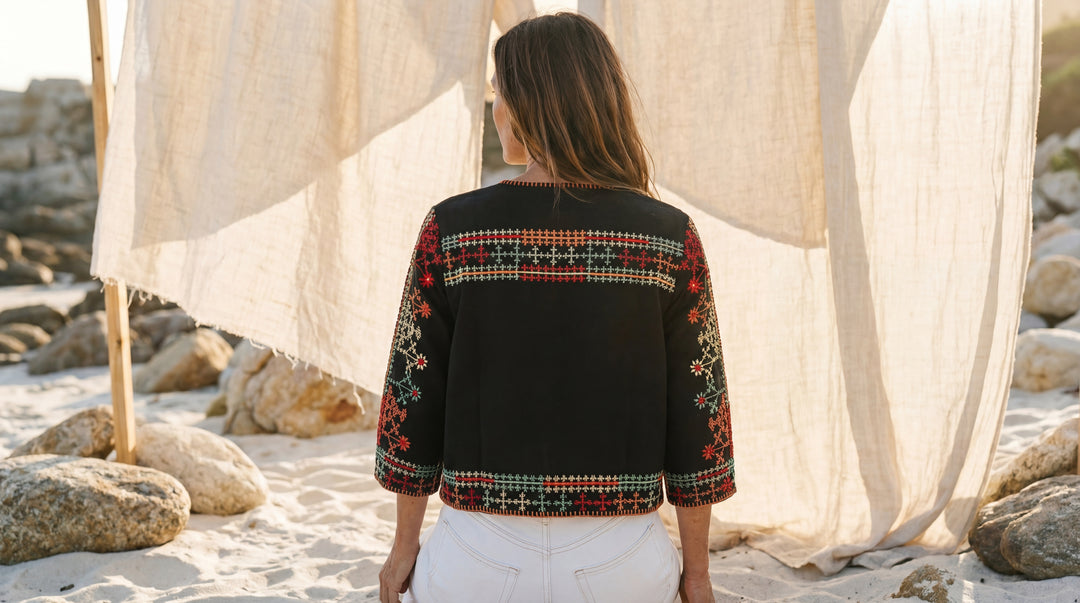 The "Sanya" Boho Embroidered Jacket – Black with Sunset Tassel Ties