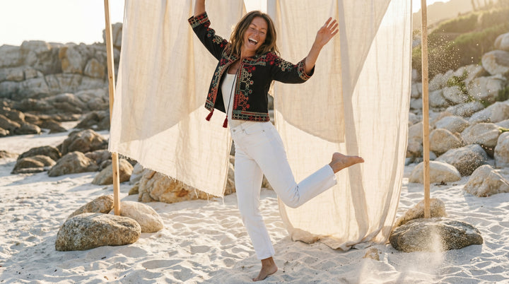 The "Sanya" Boho Embroidered Jacket – Black with Sunset Tassel Ties