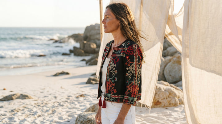 The "Sanya" Boho Embroidered Jacket – Black with Sunset Tassel Ties