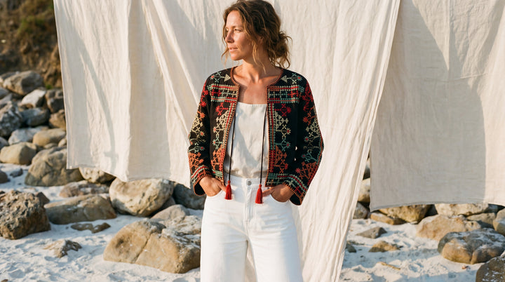 The "Sanya" Boho Embroidered Jacket – Black with Sunset Tassel Ties