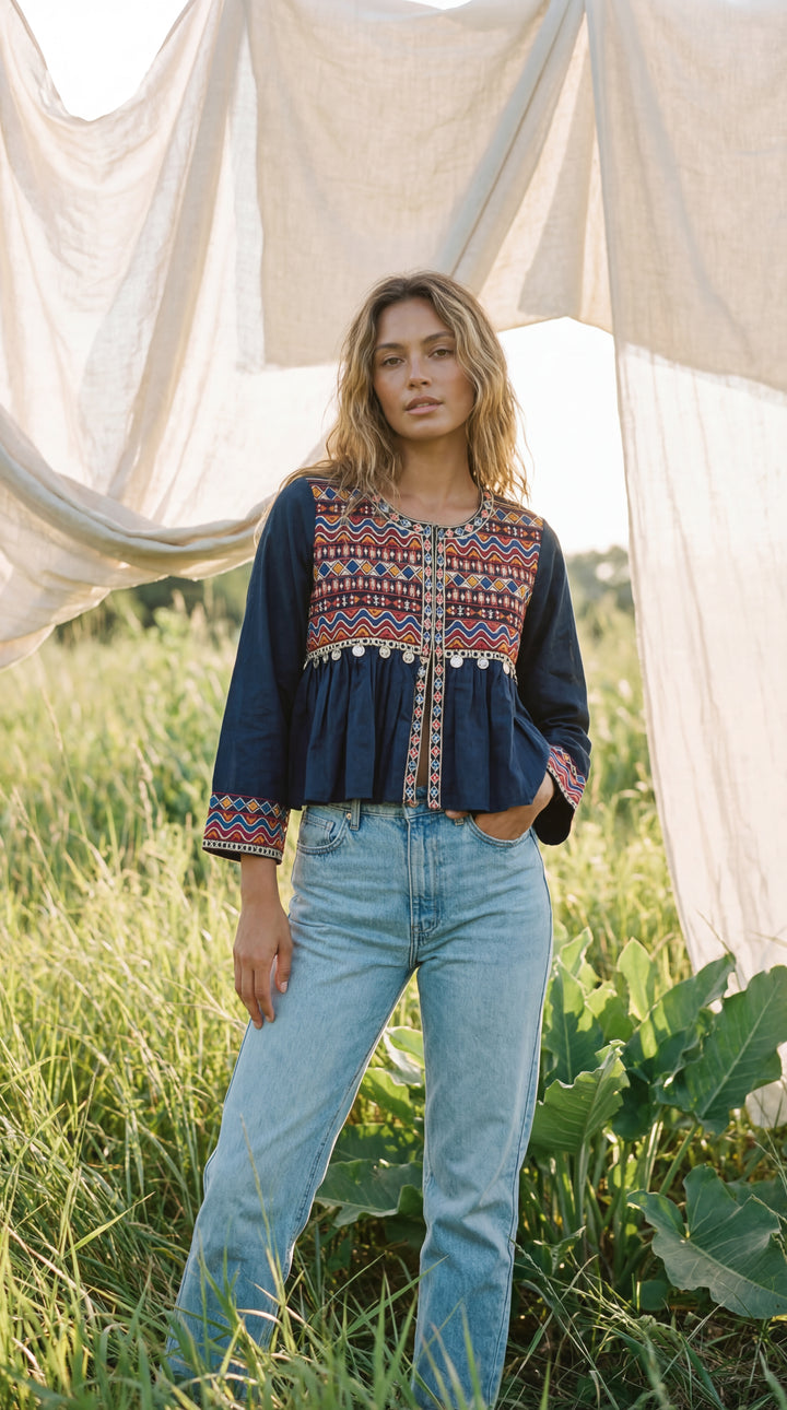 The "Pradeep" Artisan Top – Indigo with Tribal Embroidery & Coins