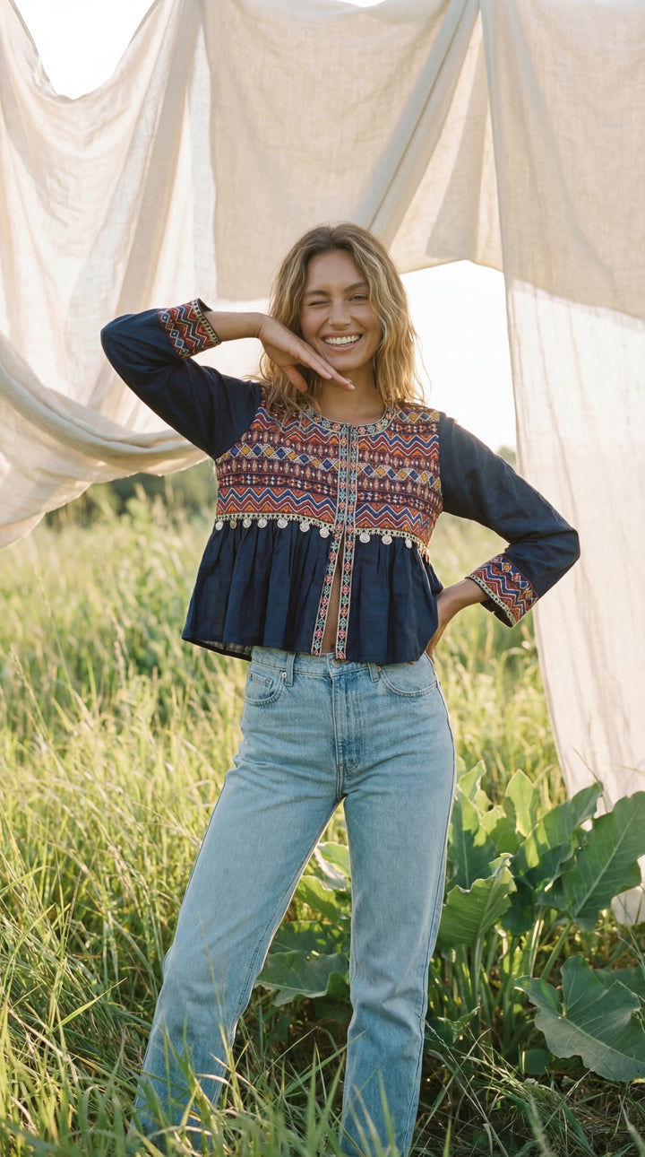 The "Pradeep" Artisan Top – Indigo with Tribal Embroidery & Coins