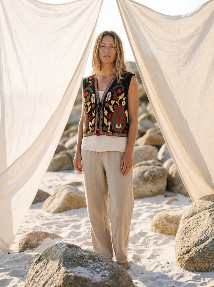 The "Zania" Quilted Vest – Charcoal with Sunset Floral Embroidery Gilet