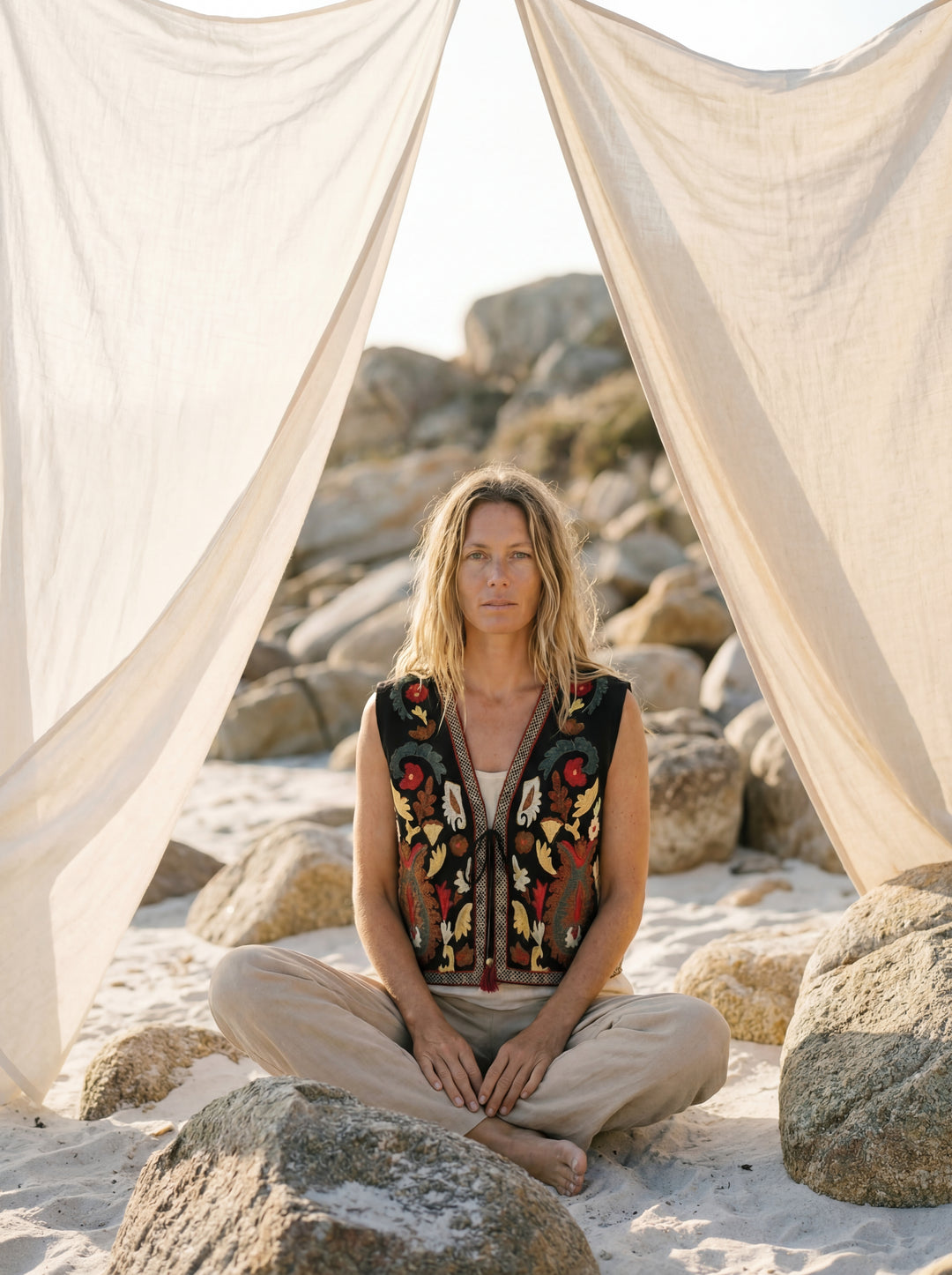 The "Zania" Quilted Vest – Charcoal with Sunset Floral Embroidery Gilet