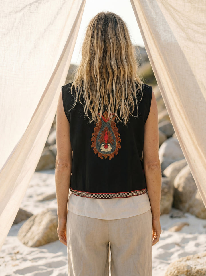 The "Zania" Quilted Vest – Charcoal with Sunset Floral Embroidery Gilet
