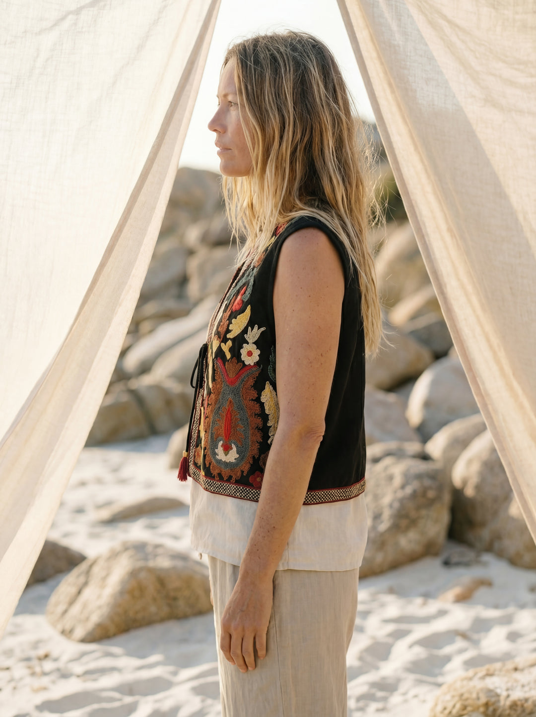The "Zania" Quilted Vest – Charcoal with Sunset Floral Embroidery Gilet